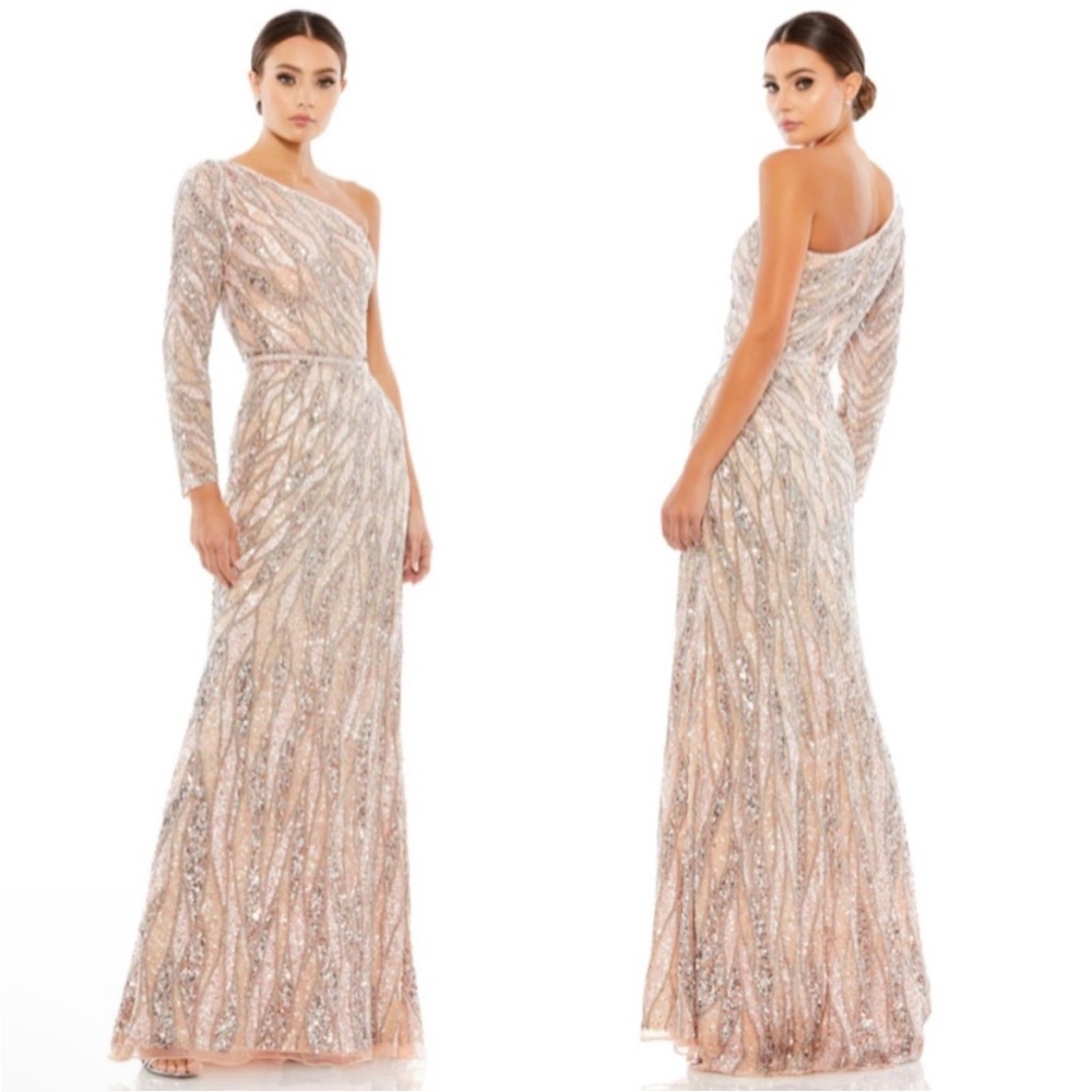 Mac Duggal Sequin One-Shoulder Maxi Dress in Silver and Cream